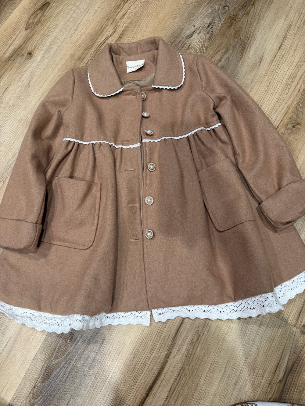 Girls' Tan Pea Coat with White Lace Trim